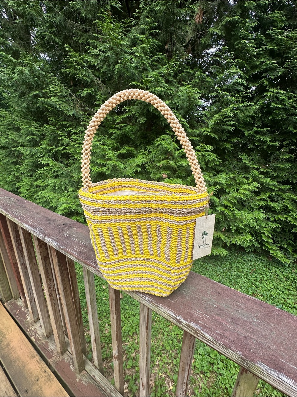 Yellow Woven Straw Abaca Tote Bag with Beaded Handle